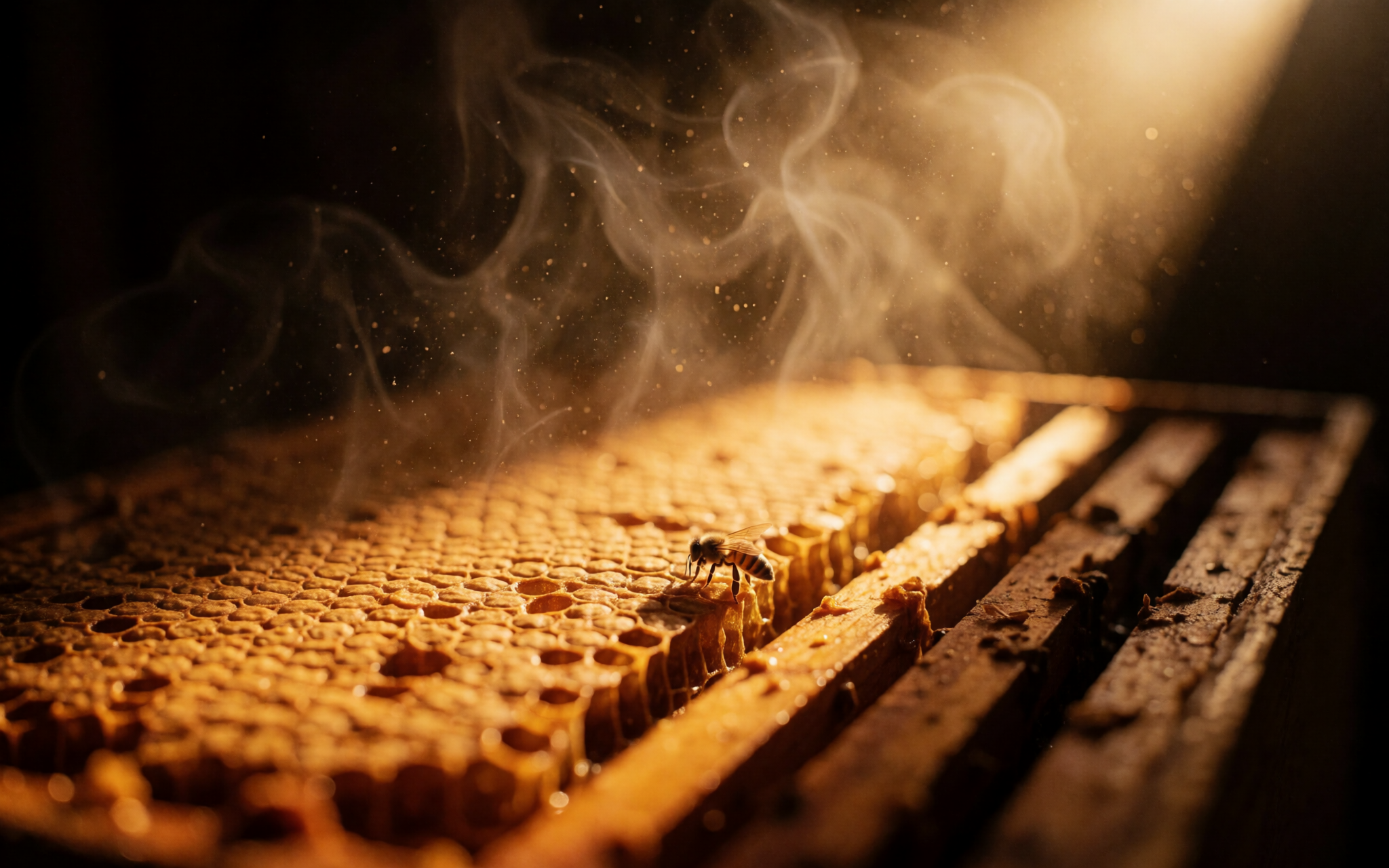 A honeybee on a wax-capped frame at golden hour